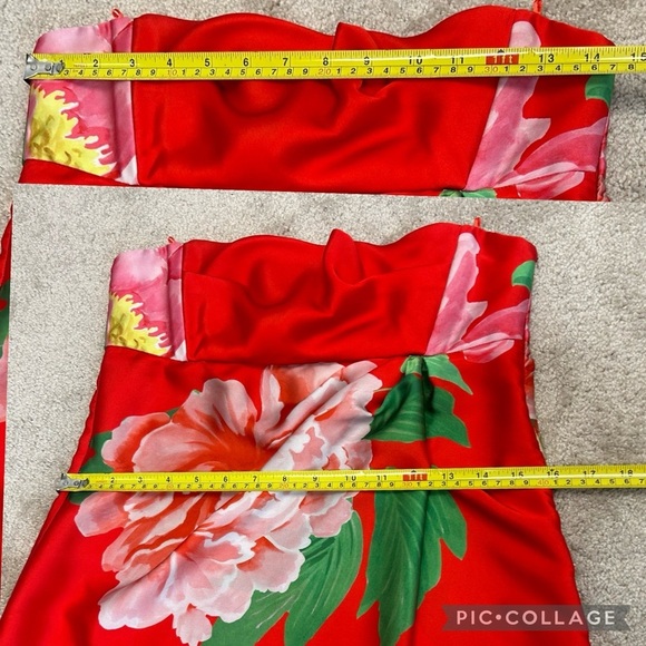 Zara red tropical floral flower strapless maxi dress front slit Sz S NWT - Picture 14 of 16